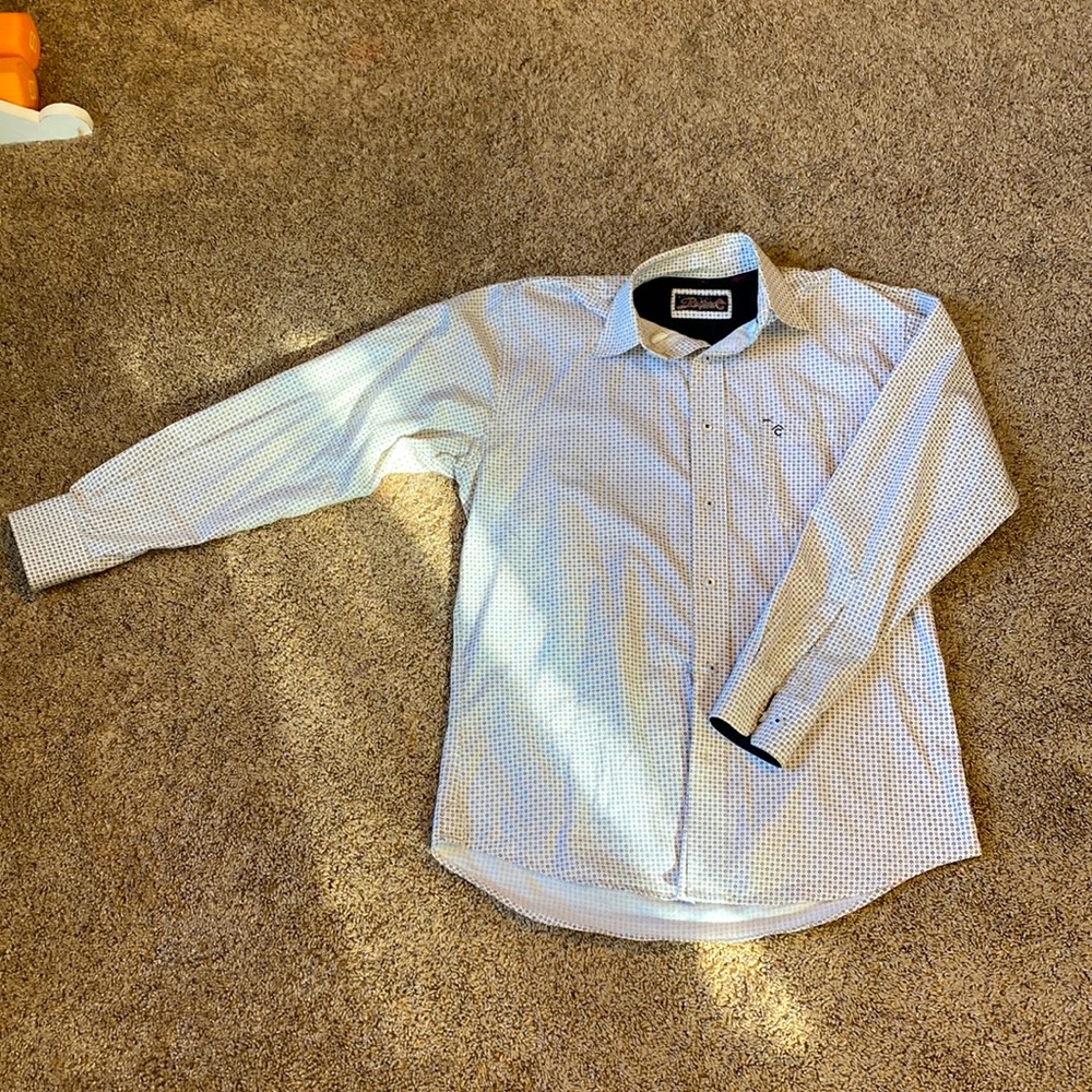 Rafter C western Button down shirt, size S fits like lg, white/brown and cream